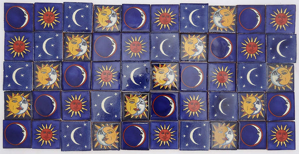 Pack of 50 Assorted Talavera Mexican Handmade 5cm Tiles: Sol y Luna