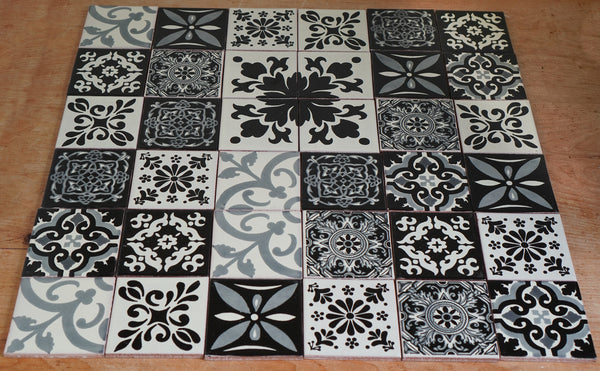 "Escala de grises" Tile Collection - 36 x 10.5cm Assorted Talavera Mexican Handmade Tiles