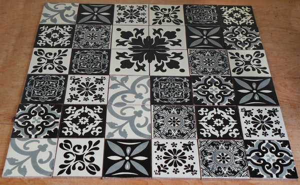 "Escala de grises" Tile Collection - 36 x 10.5cm Assorted Talavera Mexican Handmade Tiles