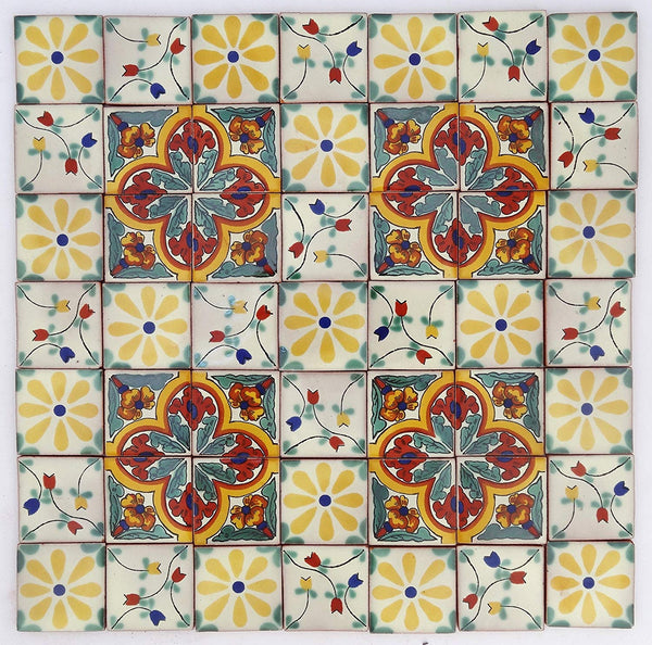 Pack of 50 Assorted Talavera Mexican Handmade 5cm Tiles: Los Florals