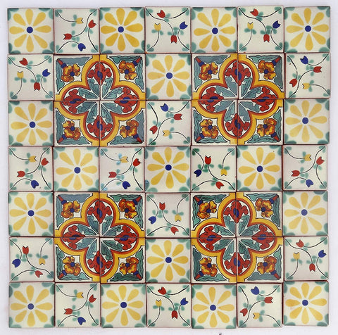 Pack of 50 Assorted Talavera Mexican Handmade 5cm Tiles: Los Florals