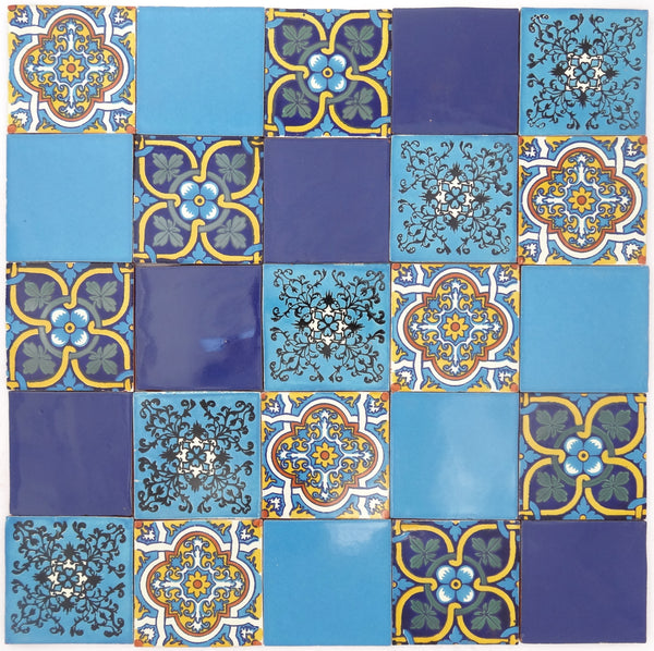 "Azul Brillante" Tile Collection - 25 x 10.5cm Assorted Talavera Mexican Handmade Tiles