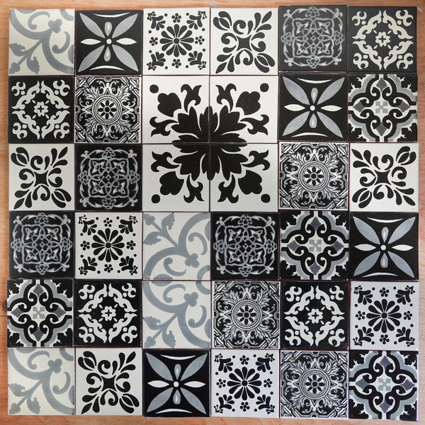 "Escala de grises" Tile Collection - 36 x 10.5cm Assorted Talavera Mexican Handmade Tiles